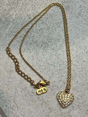 Christian Dior Gold Tone Rhinestone Heart Necklace